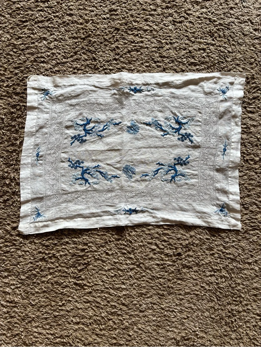 Blue Floral Embroidered Linen Placemat